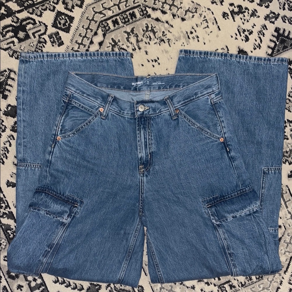 Old Navy Blue Mid Rise Baggy Wide Leg Cargo Jeans